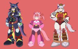  3girls android animal_ears armor belt_around_waist black_hair black_jacket black_necktie bow breast_pocket breasts brown_hair brown_hat buruma chest_jewel cleavage_cutout clenched_hands clenched_teeth closed_eyes clothing_cutout ear_bow ear_covers ear_ribbon earrings fenomeno_(black_flames_of_the_righteous_spirit)_(umamusume) fenomeno_(umamusume) flipped_hair full_body gloves gold_ship_(red_strife)_(umamusume) gold_ship_(umamusume) grey_background grey_hair hair_between_eyes hair_ornament hand_jewel haru_urara_(bestest_prize)_(umamusume) haru_urara_(umamusume) hat headband high_collar highres horse_ears horse_girl horse_tail jacket jewelry joints large_breasts long_hair looking_at_viewer lueduar mega_man_(series) mega_man_x_(series) multicolored_hair multiple_girls necktie peaked_cap pillbox_hat pink_armor pink_background pink_hair pocket ponytail purple_hair red_background red_buruma red_headband red_shirt robot robot_ears robot_girl robot_joints shirt short_hair simple_background single_earring smile striped_hat tail teeth thumbs_up two-tone_hair umamusume violet_eyes white_bow white_gloves white_hair 