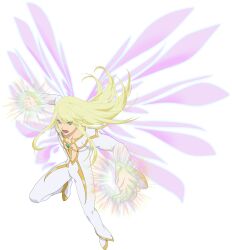  1boy artist_request blonde_hair blue_eyes chest_jewel collarbone empty_eyes energy_wings flying game_cg gem gold_shoes green_gem highres long_hair magic midair mithos_yggdrasill official_art open_mouth pink_wings purple_wings shoes solo tales_of_(series) tales_of_asteria tales_of_symphonia third-party_source transparent_background very_long_hair white_shoes wings 