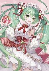  1girl 7fan absurdres apron arm_tattoo blush commentary_request dessert detached_sleeves dress fingernails flower food fork frilled_apron frilled_hairband frills fruit green_eyes green_hair green_nails hair_between_eyes hair_flower hair_ornament hair_ribbon hairband hatsune_miku highres holding holding_fork long_hair long_sleeves maid_apron maid_headdress musical_note musical_note_print musical_staff musical_staff_print nail_polish number_tattoo open_mouth pink_background red_ribbon ribbon simple_background sleeveless sleeveless_dress smile solo strawberry strawberry_slice tattoo twintails very_long_hair vocaloid white_apron white_dress white_sleeves 