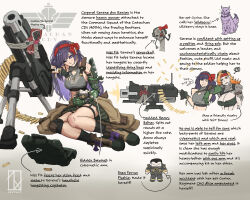  2girls abs ammunition_belt ammunition_box artist_logo artist_name astra_militarum black_socks boots breasts brunn_arang bullet_necklace camouflage camouflage_skirt cat catachan_jungle_fighter character_doll combat_boots combat_knife computer doll ferrus_manus gloves green_gloves green_sports_bra headband heavy_bolter highres jewelry knee_pads knife laptop large_breasts logo long_hair mechanical_arms medium_breasts multiple_girls muscular muscular_female necklace orange_hair original purity_seal purple_hair purple_ribbon radio red_headband ribbon serene_ann_rexian servo-skull single_mechanical_arm skirt smile socks sports_bra tattoo tripod violet_eyes warhammer_40k weapon zephart 