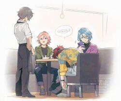 4boys :d amagi_rinne apron artist_name belt belt_buckle black_apron black_headband black_pants black_shirt black_shoes blue_hair blue_pants blue_shirt booth_seating brown_belt buckle cellphone chair closed_mouth collared_shirt crazy_b_(ensemble_stars!) crossed_arms cup denim ensemble_stars! green_shirt grey_hair grey_shoes hand_up hanging_light headband himeru_(ensemble_stars!) holding holding_phone indoors jeans jewelry long_hair looking_at_another low_ponytail lunapont male_focus multicolored_shirt multiple_boys necklace on_chair open_mouth oukawa_kohaku pants parted_bangs parted_hair phone pink_hair ponytail print_shirt purple_shirt red_hair shiina_niki shirt shirt_tucked_in shoes short_hair sitting sleeves_rolled_up smartphone smile speech_bubble standing table undershirt violet_eyes waiter watermark white_shirt wristband yellow_eyes yellow_shirt 