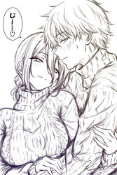  1boy 1girl alternate_breast_size_(larger) blush breasts chainsaw_man commentary_request denji_(chainsaw_man) greyscale hair_bun hetero koya_(koya_x_00) large_breasts monochrome reze_(chainsaw_man) ribbed_sweater single_hair_bun smile sweatdrop sweater translation_request turtleneck turtleneck_sweater wavy_mouth 