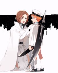  1boy 1girl adjusting_clothes aged_down alternate_universe bleach bleach:_sennen_kessen-hen brown_eyes brown_hair buttons cloak commentary_request dress enpissi high_collar highres holding holding_weapon kneeling kurosaki_ichigo kurosaki_masaki lips long_sleeves mother_and_son open_mouth orange_hair pink_lips quincy_(bleach) short_hair sword sword_on_back teeth true_zangetsu_(shikai) upper_teeth_only weapon weapon_on_back white_cloak white_dress 