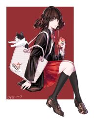  1girl animal bag black_hair black_jacket black_socks border brown_shoes buttoned_cuffs buttons cake_print cat cellphone chinese_commentary closed_mouth collared_shirt commentary_request dated earphones earphones expressionless food_print full_body grey_eyes hand_up highres holding holding_phone hzzz invisible_chair jacket kneehighs knees_together_feet_apart loafers long_sleeves looking_at_viewer miniskirt neck_ribbon official_art open_clothes open_jacket original pet phone pleated_skirt print_bag red_background red_ribbon red_skirt ribbon school_uniform shirt shoes short_hair shoulder_bag sideways_glance simple_background single_earphone_removed sitting skirt smartphone smartphone_case socks solo surgeon_cuffs tuxedo_cat two-tone_background whiskers white_bag white_border white_shirt wing_collar winter_uniform yellow_eyes 