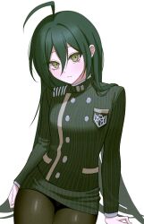  1girl ahoge black_hair black_pantyhose breast_pocket brown_eyes buttons closed_mouth commentary_request danganronpa_(series) danganronpa_v3:_killing_harmony double-breasted genderswap genderswap_(mtf) hair_between_eyes highres jacket keke_(xfxyuio) korean_commentary long_hair long_sleeves miniskirt pantyhose pocket saihara_shuichi simple_background skirt solo striped_clothes striped_jacket striped_skirt white_background 