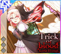  1girl album_cover bat_wings black_dress black_hat character_name cover cowboy_shot different_shadow dot_nose dress english_text fang from_side game_cg hair_between_eyes halloween hat hiiragi_lyris idol_wars long_hair long_sleeves looking_at_viewer looking_to_the_side mole mole_under_eye nun official_art open_mouth own_hands_together parted_bangs pink_hair shadow smile solo stained_glass teeth third-party_source upper_teeth_only wings 