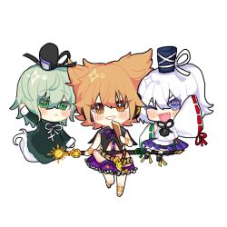  3girls :< blue_eyes blush bracelet chibi chibi_only commentary dress earmuffs english_commentary ghost_tail green_dress green_eyes green_hair grey_hair grin hat japanese_clothes jewelry kariginu long_hair long_sleeves looking_at_viewer mononobe_no_futo multiple_girls open_mouth pointy_hair pom_pom_(clothes) purple_skirt ribbon-trimmed_sleeves ribbon_trim ritual_baton sheath sheathed simple_background skirt smile soga_no_tojiko sp0i0ppp sword tate_eboshi touhou toyosatomimi_no_miko weapon white_background wide_sleeves 