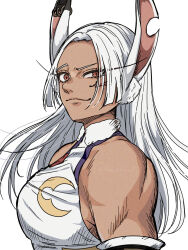  1girl animal_ears bare_shoulders boku_no_hero_academia breasts collared_leotard commentary_request crescent_print dark-skinned_female dark_skin floating_hair fur_collar highres kohakuill leotard long_eyelashes long_hair looking_at_viewer mechanical_ears medium_breasts mirko notched_ear parted_bangs portrait rabbit_ears rabbit_girl raised_eyebrow red_eyes scar scar_on_face simple_background smile solo toned toned_female uneven_eyes upper_body white_background white_hair white_leotard 