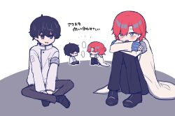  2boys :d armband black_pants black_shoes blue_eyes blush coat commentary_request crossed_arms grey_armband grey_pants highres hyoutenka_30-do_no_zetsubou indian_style jacket knees_up kuchinashi_dabi male_focus mole mole_under_eye multiple_boys multiple_views okudo_(okudo61) pants red_hair sharp_teeth shoes sitting smile teeth tonimura_yui translation_request v_arms white_coat white_jacket 