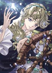  1girl beryl_bouanich black_cloak blonde_hair blue_background blue_eyes cloak commentary_request crystal dress hand_up highres i_(220_i_284) long_dress long_hair reverse:1999 smile solo upper_body watermark wheel white_dress 