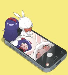 2girls animal_ears black_dress black_souls black_souls_2 blue_hair bow bow_hairband bowtie braid cellphone commentary dress hair_bow hairband highres long_hair mabel_(black_souls) multiple_girls node_(black_souls) phone rabbit_ears red_bow red_bowtie sasa_sou simple_background smartphone sparkling_eyes untranslatable_commentary very_long_hair white_dress white_hair yellow_background 