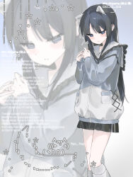  ... 1girl absurdres akiyama_mio animal_ears black_eyes black_hair black_shorts blue_eyes blue_jacket cat_ears character_name circle commentary_request cowboy_shot fake_animal_ears feet_out_of_frame frilled_sailor_collar frills furrowed_brow half-closed_eyes hands_up highres jacket k-on! knees leg_warmers long_hair long_sleeves looking_down lyrics own_hands_together pixel_art_inset pocket romaji_text sad sailor_collar short_shorts shorts sidelocks star_(symbol) tentan_(10tan_a) thick_eyelashes track_jacket white_leg_warmers white_sailor_collar zoom_layer 