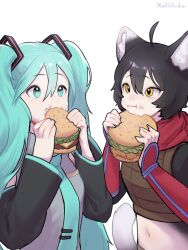  2girls ahoge animal_ear_fluff animal_ears aqua_hair aqua_necktie artist_name black_hair burger cat_ears cat_girl cat_tail commission dungeon_meshi eating food hatsune_miku highres holding holding_burger holding_food izutsumi kimchunsik long_hair multiple_girls navel necktie red_scarf scarf short_hair simple_background slit_pupils solo tail twintails upper_body vocaloid white_background yellow_eyes 