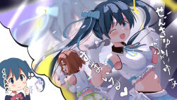  2girls :d ;d alternate_breast_size_(larger) alternate_costume arm_garter back black_collar blue_bow blue_eyes blue_hair blue_ribbon blurry blurry_background blush bow breasts brown_hair clenched_hand collar commentary_request concert contrast_collar crop_top frilled_tank_top gloves hair_bow hand_up holding holding_microphone idol idol_clothes imagining inokuma_youko kin-iro_mosaic komichi_aya long_hair looking_at_another medium_breasts microphone midriff multiple_girls music navel neck_ribbon one_eye_closed orange_eyes ribbon short_hair shorts singing skirt smile speech_bubble stomach strapless striped_bow thought_bubble tongue translation_request tube_top twintails v-shaped_eyebrows wanwan_(skoji1234) white_gloves white_tube_top winter_uniform 