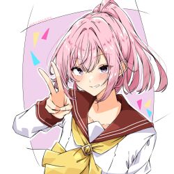  1girl amaori_haruna blush border brown_sailor_collar collarbone commentary_request copyright_name grin high_ponytail highres kitsunan looking_at_viewer medium_hair neckerchief outside_border pink_background pink_hair ponytail sailor_collar school_uniform serafuku shirt smile solo upper_body violet_eyes watashi_ga_koibito_ni_nareru_wake_naijan_murimuri! white_border white_shirt yellow_neckerchief 
