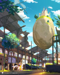  1other animal castle clouds commentary_request floating_island flower katou_oswaldo original overgrown ruins sky spire train train_station tree wolf 