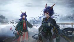  2girls annoyed architecture arknights arms_at_sides artist_request blue_hair building ch'en_(arknights) check_artist chen_zhaoqian_(arknights) clouds cloudy_sky cowboy_shot dragon_tail eastern_dragon_tail feet_out_of_frame floating game_cg high_collar highres holding holding_staff horns long_sleeves looking_at_another multiple_girls official_art outdoors red_eyes sky staff tail third-party_source yyb 