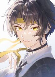  1boy absurdres asaba_harumasa black_choker black_hair black_necktie choker commentary_request earrings fuli_(narumiyafuri) gloves headband highres jewelry looking_at_viewer male_focus necktie open_mouth parted_bangs partially_fingerless_gloves pendant_choker portrait shirt short_hair simple_background solo white_background white_shirt yellow_eyes yellow_gloves yellow_headband zenless_zone_zero 