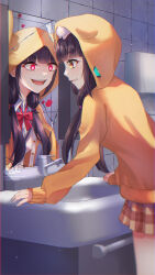 1girl absurdres asakura_karen_(heaven_burns_red) bathroom black_hair bow bowtie commentary_request dual_persona glowing glowing_eyes heaven_burns_red highres hood hoodie low_twintails mirror mochi_tsu22 red_bow red_bowtie red_eyes reflection school_uniform sink twintails yellow_eyes 