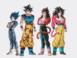  black_hair blue_eyes blue_sash blue_shirt body_fur closed_mouth commentary_request dougi dragon_ball dragon_ball_gt dragon_ball_z_dokkan_battle grey_eyes highres kenran_dokkan long_hair looking_at_viewer male_focus monkey_boy monkey_tail multiple_boys muscular muscular_male no_nipples orange_pants pants pectorals red_fur saiyan sash shirt son_goku spiky_hair super_saiyan super_saiyan_4 super_saiyan_blue_evolved tail torn_clothes torn_shirt ultra_instinct_sign vegeta wristband yellow_pants 