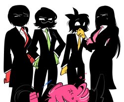  6+girls another_cup_(synthesizer_v) black_jacket bow crossed_arms disgust glasses gloves gumi hair_bow hashtag-only_commentary hatsune_miku highres jacket kagamine_rin kasane_teto kasane_teto_(sv) megurine_luka meiko_(vocaloid) multiple_girls necktie pink_necktie pp_pcent red_gloves red_necktie shaded_face simple_background suit sweat synthesizer_v vocaloid white_background yellow_gloves yellow_necktie 