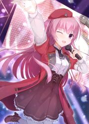  1girl ;d arm_up beret black_necktie blunt_bangs blunt_ends blush boots brown_boots brown_skirt coat collared_shirt commentary concert cowboy_shot dutch_angle floating_hair frilled_skirt frills hand_up hat high-waist_skirt highres holding holding_microphone lace-up_boots long_hair long_sleeves looking_ahead microphone mitsukasa_ayase necktie obsidiaki one_eye_closed open_clothes open_coat open_mouth pantyhose pink_hair pinky_out red_coat red_hat riddle_joker shirt short_necktie sidelocks skirt smile solo stage standing standing_on_one_leg teeth upper_teeth_only very_long_hair violet_eyes white_pantyhose white_shirt 