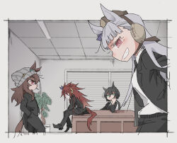  4girls animal_ears beanie beer_hsk black_hair black_jacket black_necktie black_pants black_shoes border braid brown_eyes brown_hair collared_shirt crown_braid ears_through_headwear gold_ship_(umamusume) green_eyes grey_border grey_hat grin hair_between_eyes hat horse_ears horse_girl horse_tail indoors jacket kin'iro_ryotei_(umamusume) long_hair mask mouth_mask multiple_girls nakayama_festa_(umamusume) necktie orfevre_(old_design)_(umamusume) pants profile shirt shoes smile striped_clothes striped_headwear tail umamusume vertical-striped_clothes vertical-striped_headwear very_long_hair white_shirt 