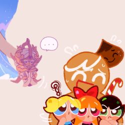  ... 1other 3girls ? black_hair blonde_hair blossom_cookie blue_eyes blue_hair bow bubbles_cookie buttercup_cookie candy candy_cane choco_drop closed_eyes commentary_request cookie_run cookie_run:_ovenbreak dragon_horns food gingerbrave green_eyes hair_bow highres horns longan_dragon_cookie multiple_girls orange_hair pink_eyes powerpuff_girls sea_fairy_cookie short_hair short_twintails thai_commentary twintails water_dress yummybunny777 