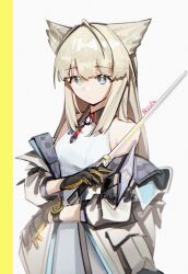  1girl absurdres arknights arknights:_endfield bare_shoulders black_gloves blonde_hair blue_eyes chinese_commentary closed_mouth commentary_request dress expressionless film_grain gloves grey_background grey_jacket highres holding jacket long_hair looking_at_viewer off_shoulder perlica_(arknights) sakuratani_hane simple_background solo twitter_username white_dress yellow_gloves yellow_pupils 