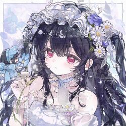  1girl :< bare_shoulders black_hair blue_choker blue_flower blue_ribbon braid chinese_commentary choker commentary_request commission crescent crescent_hair_ornament daisy_(flower) detached_sleeves flower frilled_choker frilled_hairband frills guoshixing hair_between_eyes hair_ornament hair_ribbon hairband highres holding holding_flower long_hair low-tied_sidelocks neck_ribbon original pearl_hair_ornament portrait puffy_detached_sleeves puffy_sleeves purple_flower red_eyes ribbon shirt sidelocks solo too_many_watermarks two_side_up watermark white_flower white_shirt 