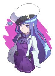  1girl black_gloves blue_hair blush breasts closed_mouth commentary_request dress esan frilled_sleeves frills gloves hands_on_own_hips hat highres jacket long_hair long_sleeves looking_at_viewer marija_(muse_dash) muse_dash open_clothes open_jacket peaked_cap pleated_dress purple_background purple_dress sleeves_past_wrists small_breasts smile solo two-tone_background very_long_hair violet_eyes white_background white_hat white_jacket wide_sleeves 