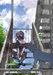  1girl 1other absurdres black_hair cat choker gas_mask heaven_burns_red highres mask mikoto_fubuki multicolored_hair no53_(pixiv_77486930) red_hair single_bare_shoulder sitting sitting_on_stairs stairs streaked_hair 