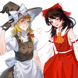  2girls aihara-rina apron artist_collaboration artist_request ascot back_bow black_gloves black_hat black_skirt black_vest blonde_hair bow braid brown_hair chest_sarashi chinese_commentary commentary_request detached_sleeves fingerless_gloves frilled_bow frilled_hair_tubes frills gloves grin hair_bow hair_tubes hakurei_reimu hat hat_bow heart highres kirisame_marisa long_hair looking_at_viewer multiple_girls open_mouth puffy_short_sleeves puffy_sleeves red_bow red_eyes red_skirt ribbon-trimmed_sleeves ribbon_trim sarashi short_sleeves side_braid simple_background single_braid skirt skirt_set smile touhou vest waist_apron white_apron white_background white_bow witch_hat yellow_ascot yellow_eyes 
