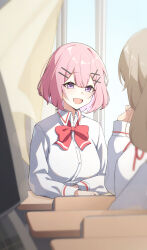  3girls absurdres amaori_renako ashigaya_high_school_uniform bow bowtie breasts brown_hair classroom collared_shirt commentary_request curtains dress_shirt hair_ornament hairclip highres indoors large_breasts long_sleeves medium_hair multiple_girls ouzuka_mai parallel_hairclips pink_hair red_bow red_bowtie retyutyu_tyu school_uniform sena_ajisai shirt solo_focus violet_eyes watashi_ga_koibito_ni_nareru_wake_naijan_murimuri! white_shirt window x_hair_ornament 