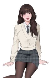  1girl arm_support asian black_necktie breasts brown_eyes brown_hair brown_pantyhose cardigan cowboy_shot dress_shirt eyebrows_hidden_by_hair hair_behind_ear highres knees_together_feet_apart long_eyelashes long_hair long_sleeves miniskirt mole mole_under_eye mole_under_mouth necktie pantyhose pencil_skirt pink_lips plaid_clothes plaid_skirt shirt sitting skirt slim_legs small_breasts sozoo1029 wavy_hair white_background white_shirt 