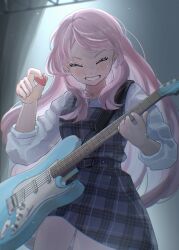  1girl absurdres bang_dream! bang_dream!_it's_mygo!!!!! blush chihaya_anon closed_eyes commentary dress electric_guitar fender_stratocaster grey_dress guitar highres holding holding_guitar holding_instrument holding_plectrum instrument light_particles long_hair open_mouth pink_hair plaid_clothes plaid_dress plectrum shirt solo sweat three-quarter_sleeves tomori_(inoutomori) white_shirt 
