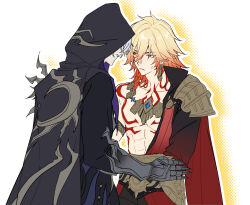  2boys abs arm_tattoo armlet black_cloak black_coat blonde_hair braid chest_tattoo clawed_gauntlets cloak coat earrings facial_tattoo flame_reaver_of_the_deepest_dark gold_earrings gold_necklace gradient_hair highres honkai:_star_rail honkai_(series) hood hood_up hooded_cloak jewelry male_focus medium_hair migan multicolored_hair multiple_boys mydei_(honkai:_star_rail) necklace open_clothes open_coat phainon_(honkai:_star_rail) red_hair red_tattoo short_hair side_braid simple_background tattoo toned toned_male white_background white_hair yellow_eyes 
