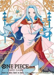  1girl armlet blue_hair breasts brown_eyes cape closed_mouth commentary_request copyright_name copyright_notice dress earrings feet_out_of_frame forehead jewelry large_breasts long_hair long_sleeves looking_at_viewer nefertari_vivi official_art one_piece one_piece_card_game parted_bangs pink_dress red_cape smile solo surie wavy_hair 