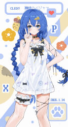  1girl absurdres animal_collar black_collar black_ribbon blue_eyes blue_hair braid breasts closed_mouth collar contemporary dress dress_ribbon frilled_thigh_strap hair_between_eyes hair_ornament hairclip hand_on_own_hip highres long_hair looking_at_viewer mushoku_tensei psh5528 ribbon roxy_migurdia small_breasts smile solo thigh_strap twin_braids v white_dress 