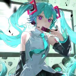  1girl aqua_hair aqua_necktie aqua_trim bare_shoulders black_collar black_sleeves blush breasts collar collarbone collared_shirt commentary_request detached_sleeves hair_between_eyes hair_ornament hatsune_miku hatsune_miku_(vocaloid4) highres long_hair long_sleeves looking_at_viewer monitor necktie nik_ibi open_mouth pink_eyes ringed_eyes shirt sleeveless sleeveless_shirt small_breasts smile solo very_long_hair vocaloid white_shirt wide_sleeves 