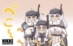  abs ahoge animal_ears bandaged_waist blush breasts cat_ears cat_girl cat_tail cloak commentary_request dog_tags drooling goddess_of_victory:_nikke head-mounted_display highres huge_ahoge hungry large_breasts long_hair mouth_drool multiple_girls muscular muscular_female official_alternate_design pilgrim_symbol_(nikke) saliva snow_white_(heavy_arms)_(nikke) snow_white_(innocent_days)_(nikke) snow_white_(nikke) stomach_growling stupidleon2 tail time_paradox toned torn_cloak torn_clothes visor_(armor) visor_lift white_cloak white_hair yellow_eyes 