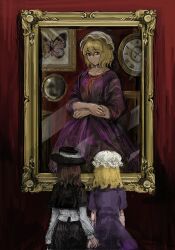  3girls analog_clock black_capelet black_hat black_skirt blonde_hair brown_hair bug butterfly capelet chair clock commentary cowboy_shot crossed_arms dress expressionless facing_away hashtag-only_commentary hat highres holding_hands long_sleeves maribel_hearn medium_hair mirror mob_cap multiple_girls neck_ribbon painting_(object) parted_lips picture_frame purple_dress red_background red_ribbon ribbon shirt short_sleeves skirt standing touhou usami_renko violet_eyes white_hat white_shirt ykkiysccc 