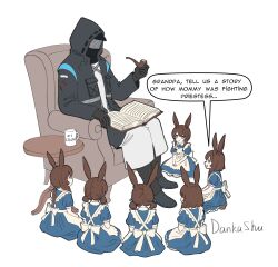  1boy 6+girls alternate_hair_length alternate_hairstyle amiya_(arknights) animal_ear_fluff animal_ears apron arknights black_jacket black_pants black_shoes blue_dress blue_eyes brown_hair commentary dankashu doctor_(arknights) double_bun dress english_commentary hair_bun highres holding holding_smoking_pipe jacket long_hair looking_at_another mask multiple_girls official_alternate_costume open_mouth pants rabbit_ears rabbit_girl seiza shoes short_hair sitting smoking_pipe twintails white_apron white_dress 