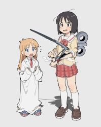  2girls black_eyes black_hair blonde_hair blue_eyes bow brown_shoes chinese_commentary commentary_request cyberpunk_(series) cyberpunk_2077 eflo_(794753336) grey_background highres kneehighs mantis_blades_(cyberpunk) multiple_girls necktie nichijou notice_lines open_mouth oversized_clothes pleated_skirt professor_shinonome red_bow red_necktie red_skirt sailor_collar shinonome_nano shoes simple_background skirt socks white_sailor_collar white_socks winding_key 