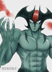  1970s_(style) 1boy abs aqua_skin blue_skin claws cleft_chin clenched_teeth colored_skin commentary_request demon_boy demon_wings devilman devilman_(character) fingernails frown hand_up head_wings highres long_fingernails male_focus miroku_(miroku_t) muscular muscular_male nagai_gou_(style) parted_lips retro_artstyle sharp_fingernails sharp_teeth teeth topless_male upper_body wings 