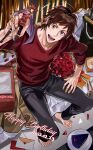  1boy absurdres ahoge aran_sweater barefoot cake cake_slice facial_hair flower food goatee happy_birthday highres idolmaster idolmaster_side-m looking_at_viewer love_letter male_focus on_bed open_mouth red_eyes redhead rose ryeon_(gs_oik) sitting sitting_on_bed smile sweater tendo_teru 