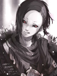  1boy black_hair black_sclera character_name closed_mouth colored_sclera commentary_request dated face_piercing fur-trimmed_jacket fur_trim greyscale hand_tattoo happy_birthday highres jacket lip_piercing lip_ring long_sleeves male_focus monochrome neck_tattoo piercing playing_with_own_hair red_eyes scarf shishi_(eai_make) short_hair signature snowing solo spot_color swept_bangs tattoo tokyo_ghoul upper_body uta_(tokyo_ghoul) winter_clothes 