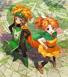  1boy 1girl belt_collar black_bodysuit black_pantyhose blue_eyes bodysuit boots brooch brother_and_sister brown_boots cape collar commentary_request detached_sleeves dragon_quest dragon_quest_ii dress full_body gem gloves goggles goggles_on_head goggles_on_headwear green_boots green_cape green_gloves green_tabard hair_ribbon hands_on_own_hips helmet highres jewelry long_hair looking_at_viewer naox open_mouth orange_cape outdoors own_hands_clasped own_hands_together pantyhose ponytail prince_of_lorasia prince_of_samantoria princess_of_samantoria red_gem ribbon roto's_emblem short_dress siblings stone_floor tabard v-shaped_eyebrows w white_ribbon yellow_dress 
