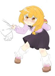  1girl absurdres belt blush box box_of_chocolates braid chocolate dutch_girl_(last_origin) food highres holding holding_chocolate holding_food holding_sleeve kyulradde_kyul_latte last_origin leg_warmers long_hair long_sleeves orange_eyes orange_hair shirt shoes simple_background single_braid skirt trembling 