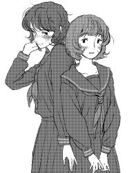 2girls alternate_costume blush commentary english_commentary genderswap genderswap_(mtf) greyscale highres long_sleeves mike_wheeler monochrome multiple_girls natsupochipon neckerchief open_mouth sailor_collar school_uniform serafuku short_hair skirt stranger_things will_byers 